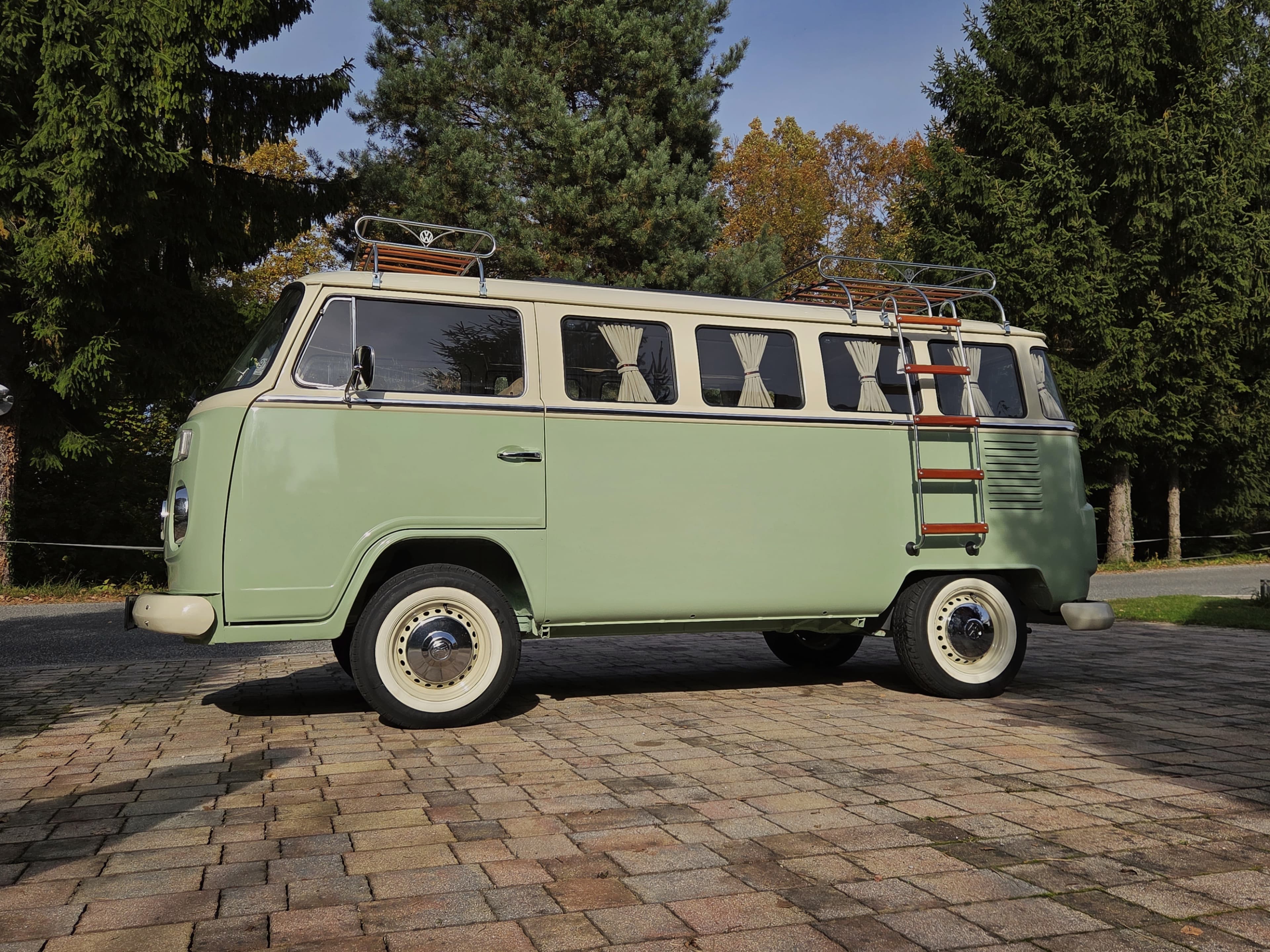 Classic VW Bully T2 in great condition in green and beige.