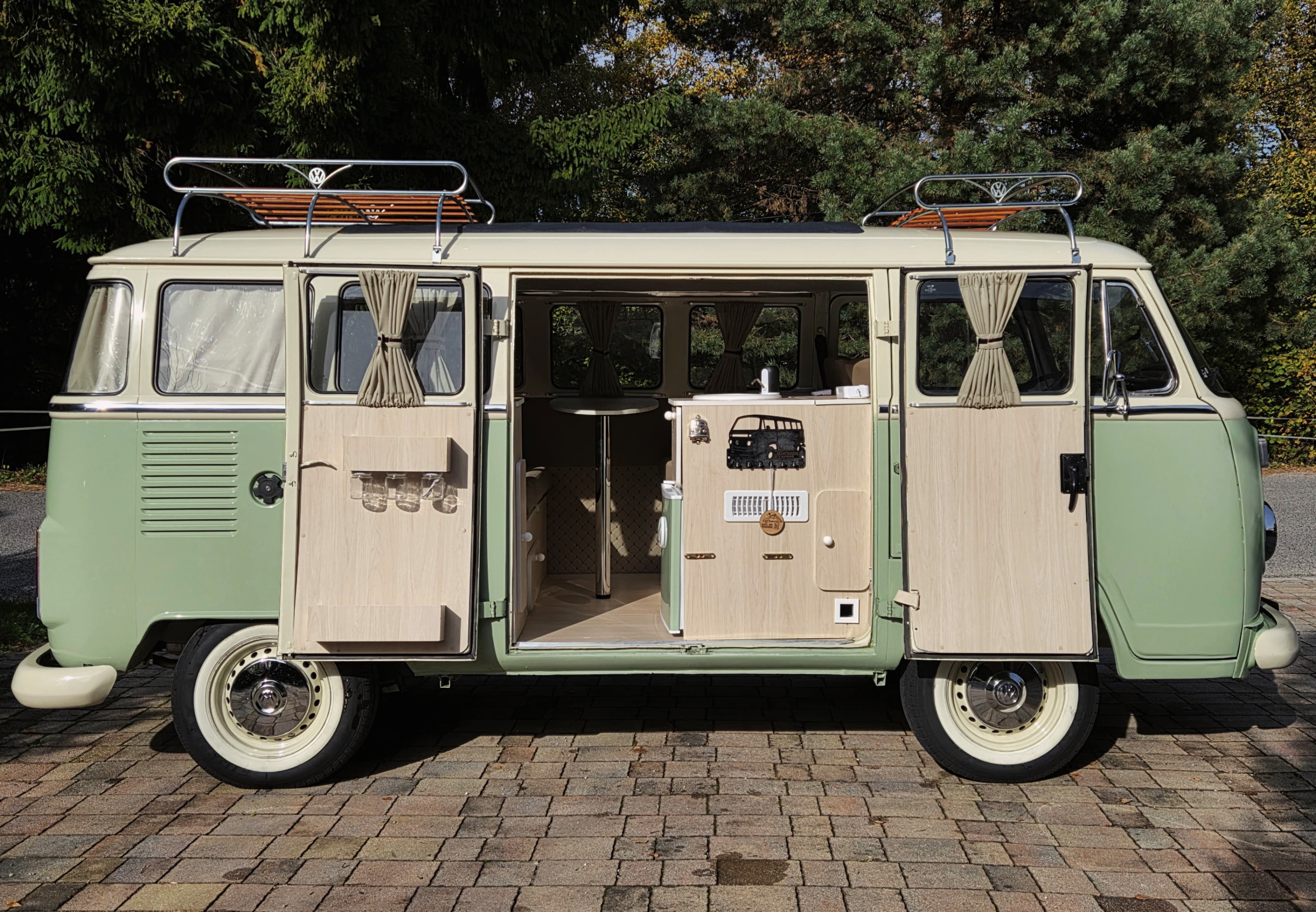 Classic VW Bully T2 in great condition in green and beige.