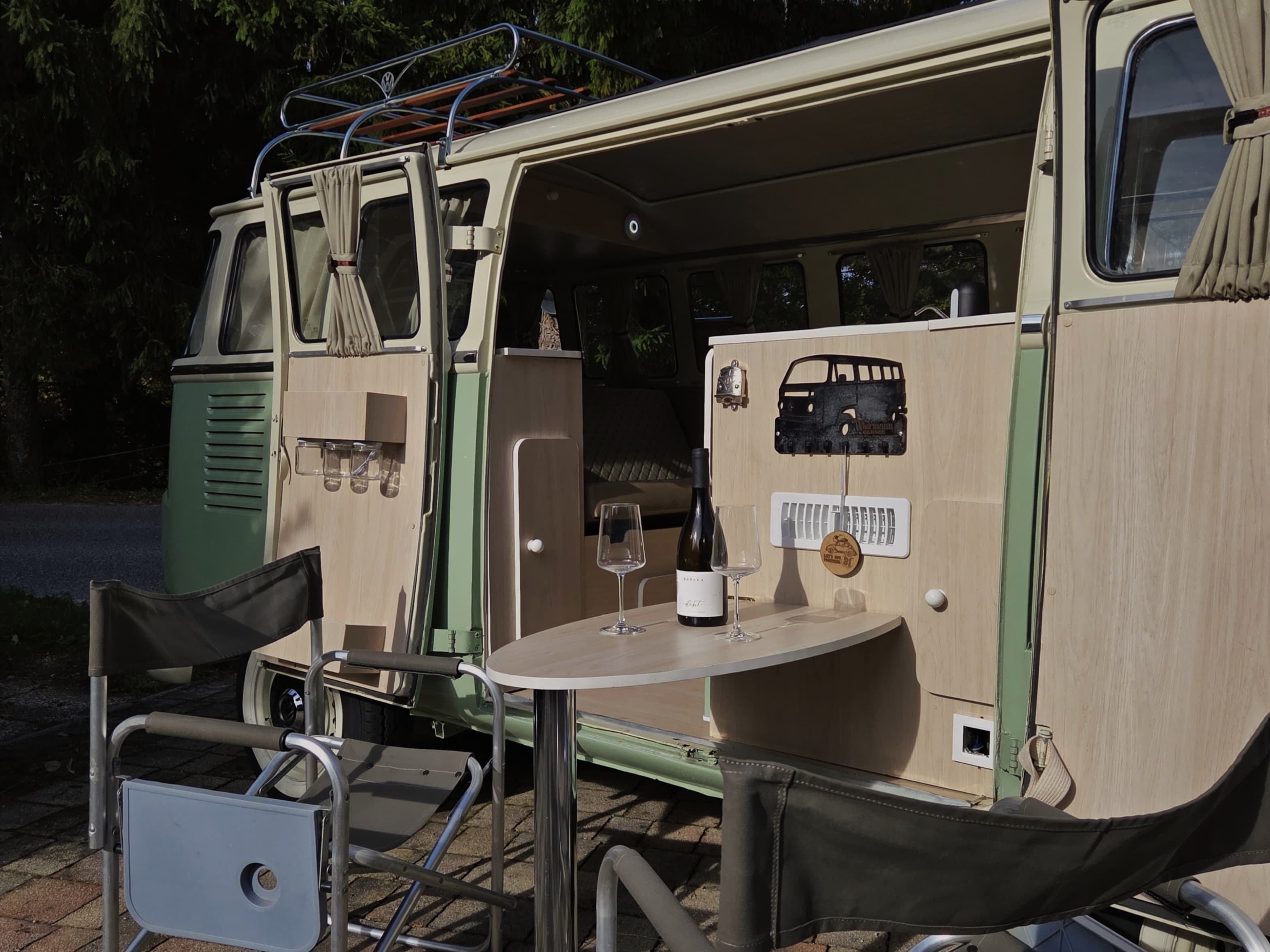 Classic VW Bully T2 in great condition in green and beige.