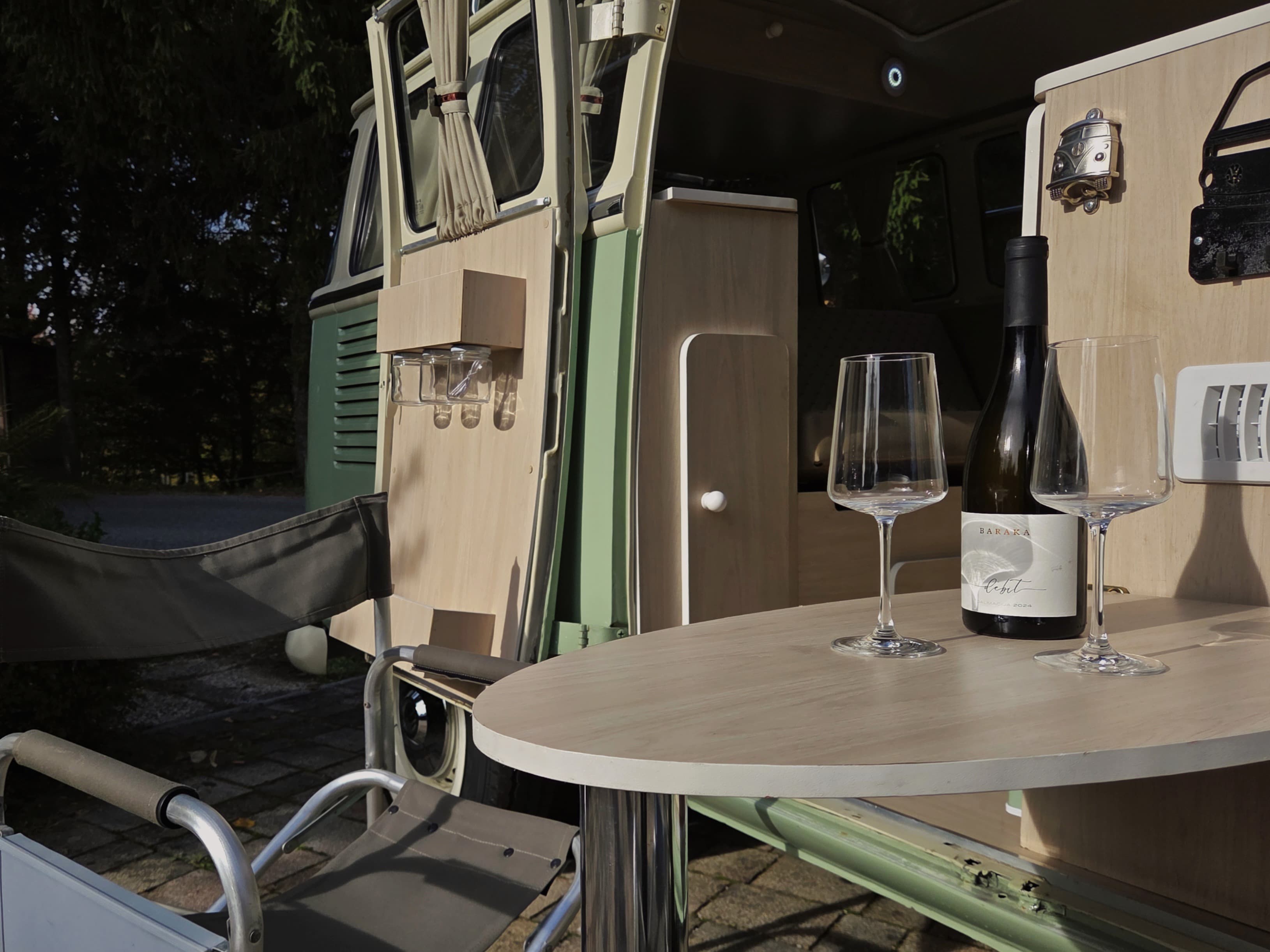 Classic VW Bully T2 in great condition in green and beige.